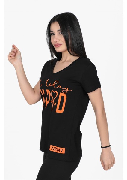 Cupid Baskılı V Yaka Tshirt Siyah