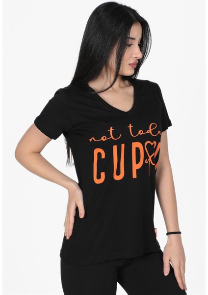 Cupid Baskılı V Yaka Tshirt Siyah