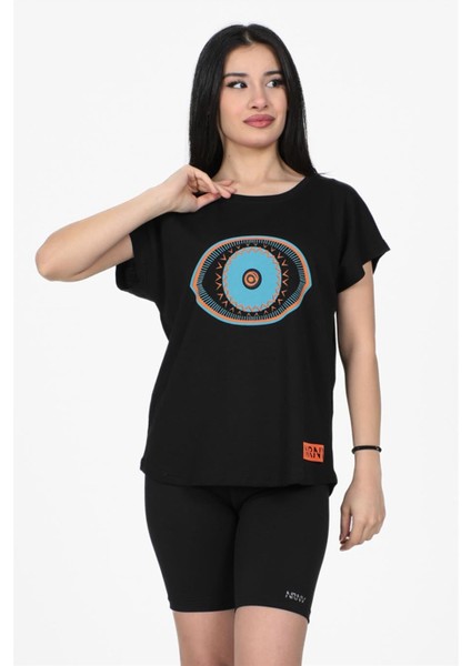 Göz Baskılı Kesik Kol Tshirt Siyah