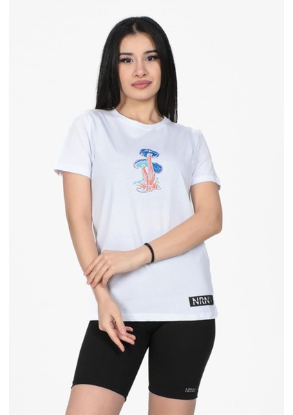 Mantar Baskılı Bisiklet Yaka Normal Kalıp Tshirt Beyaz