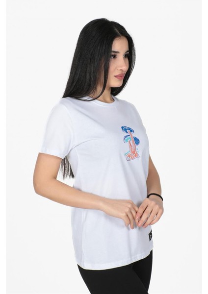 Mantar Baskılı Bisiklet Yaka Normal Kalıp Tshirt Beyaz