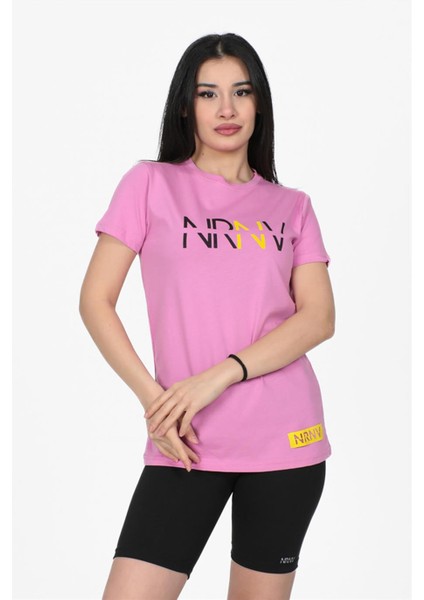 Nrnv Baskılı Bisiklet Yaka Normal Kalıp Tshirt Lila