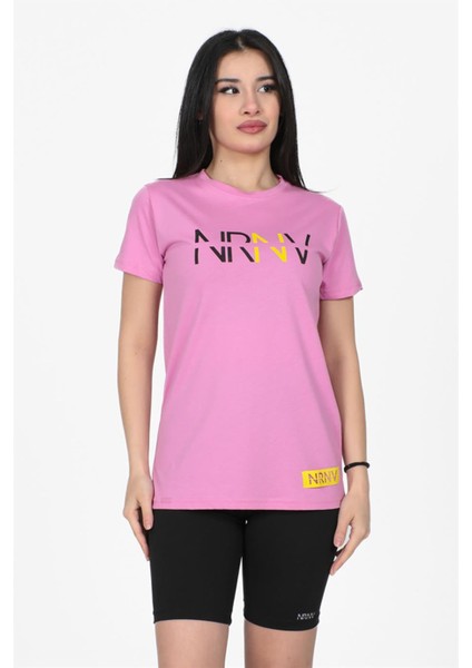 Nrnv Baskılı Bisiklet Yaka Normal Kalıp Tshirt Lila