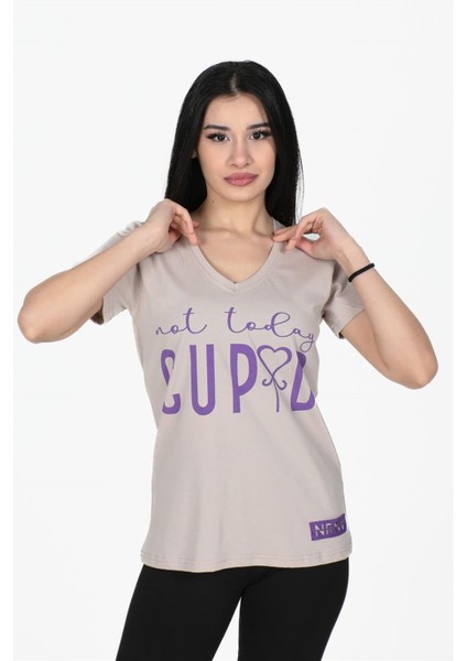 Cupid Baskılı V Yaka Tshirt Taş