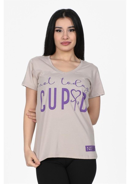 Cupid Baskılı V Yaka Tshirt Taş