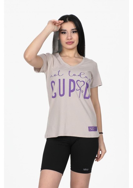 Cupid Baskılı V Yaka Tshirt Taş