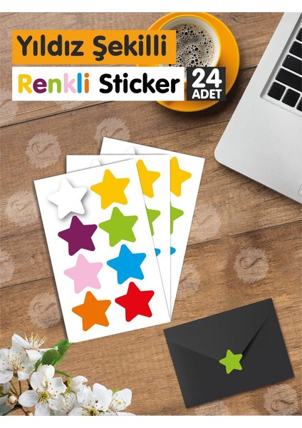 Tuğset Etiket Yapışkanlı Yıldız Şekilli Renkli Sticker Etiket Hediye Paketleme Parti Hediyeleri 24 Adet 3x2,5 CM-T952