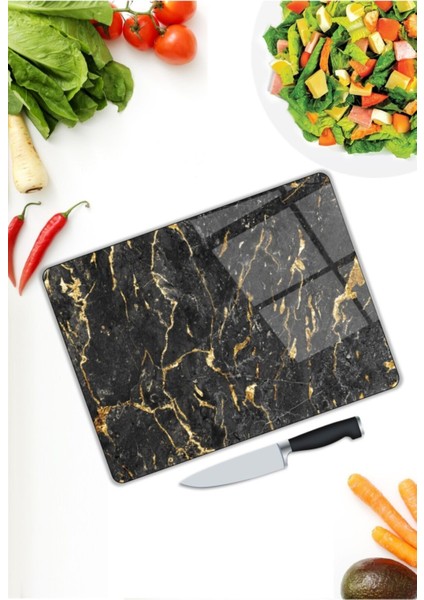 Siyah Mermer Görünümlü | Cam Kesme Tahtası | 25 x 35 cm