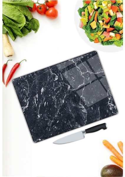 Siyah Mermer Görünümlü | Cam Kesme Tahtası | 25 x 35 cm