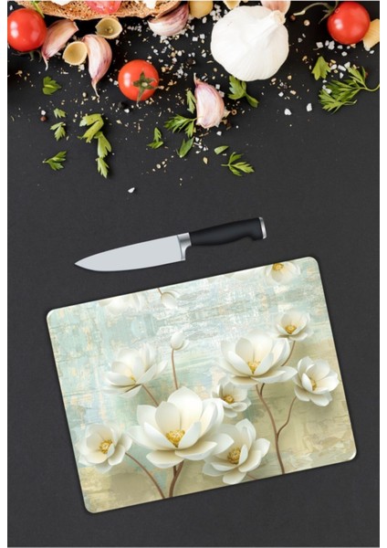 Beyaz Çiçekler | Cam Kesme Tahtası | 25 x 35 cm