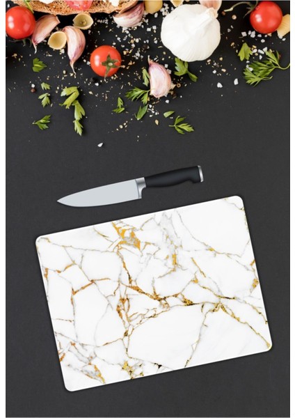 Beyaz Mermer Görünümlü Cam Kesme Tahtası 25 x 35 cm