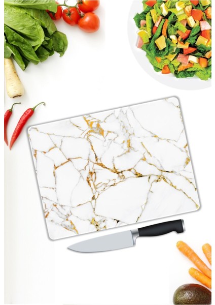 Beyaz Mermer Görünümlü Cam Kesme Tahtası 25 x 35 cm modelleri