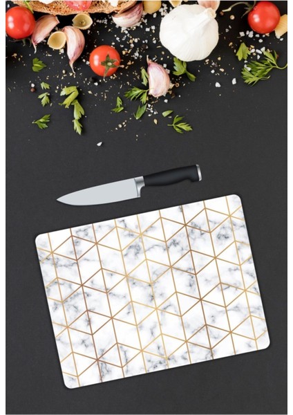 Beyaz Mermer Görünümlü Cam Kesme Tahtası 25 x 35 cm