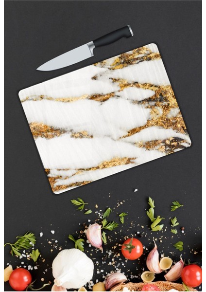 Beyaz Mermer Görünümlü | Cam Kesme Tahtası | 25 x 35 cm