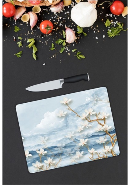 Beyaz Çiçekler | Cam Kesme Tahtası | 25 x 35 cm