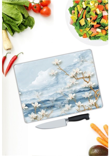 Beyaz Çiçekler | Cam Kesme Tahtası | 25 x 35 cm modelleri