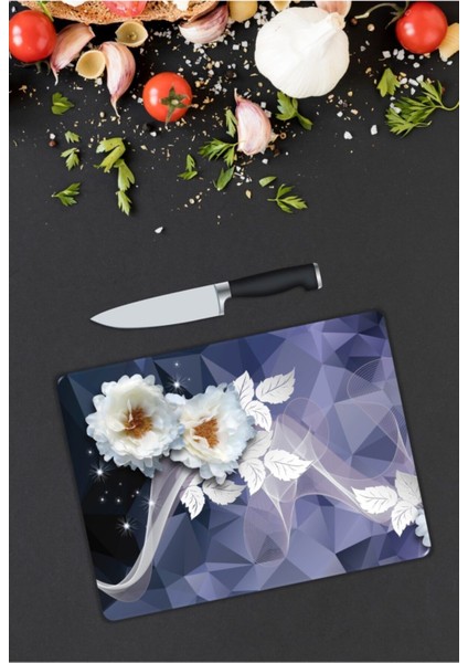 Beyaz Çiçekler | Cam Kesme Tahtası | 25 x 35 cm