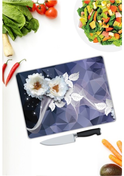 Beyaz Çiçekler | Cam Kesme Tahtası | 25 x 35 cm modelleri