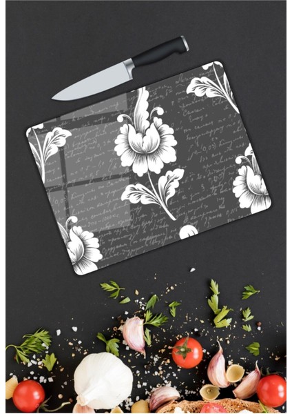 Beyaz Çiçekler Cam Kesme Tahtası 25 x 35 cm