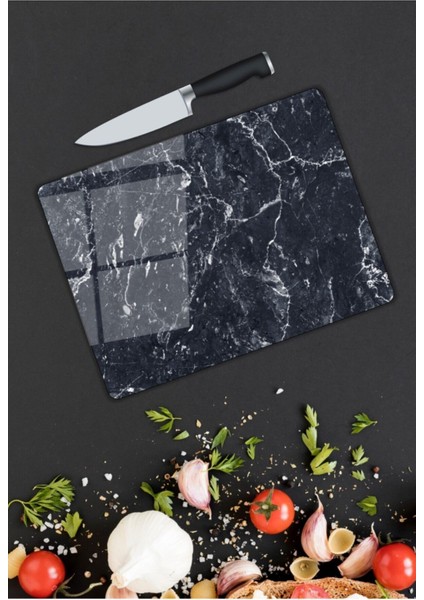 Siyah Mermer Görünümlü | Cam Kesme Tahtası | 25 x 35 cm modelleri