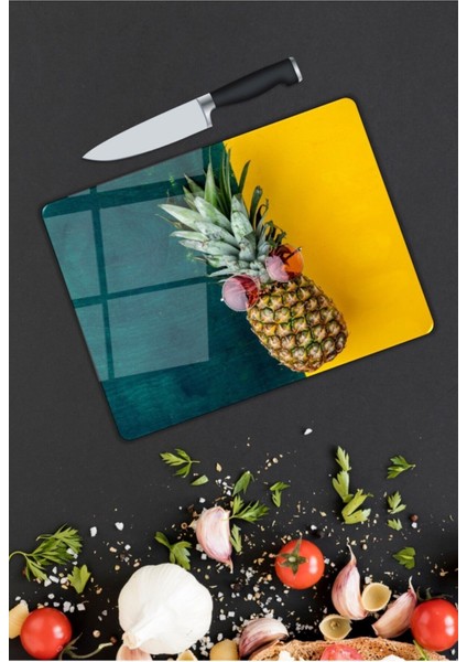 Ananas Desenli | Cam Kesme Tahtası | 25 x 35 cm