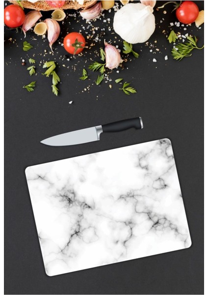 Beyaz Mermer Görünümlü Cam Kesme Tahtası cm 25 x 35 cm