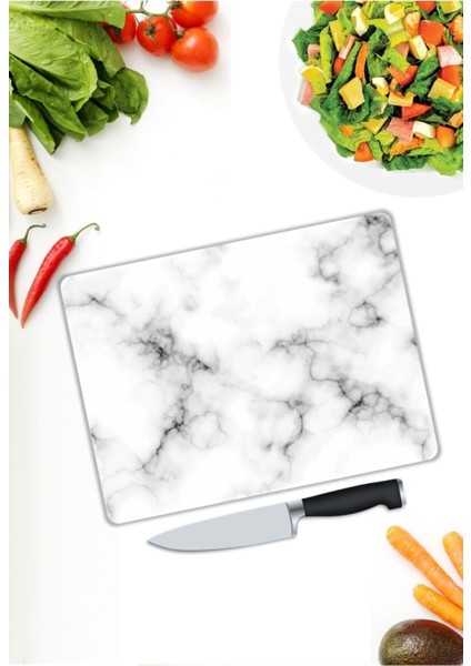 Beyaz Mermer Görünümlü Cam Kesme Tahtası cm 25 x 35 cm modelleri