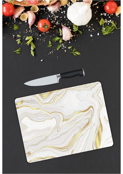 Beyaz Mermer Görünümlü | Cam Kesme Tahtası | 25 x 35 cm