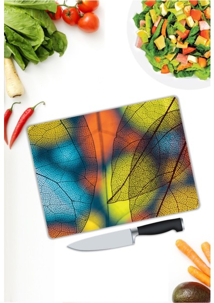 Renkli Yapraklar Cam Kesme Tahtası 25 x 35 cm