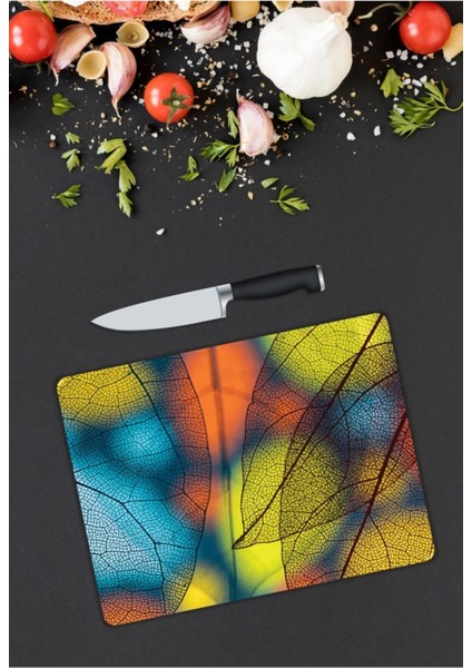 Renkli Yapraklar Cam Kesme Tahtası 25 x 35 cm modelleri