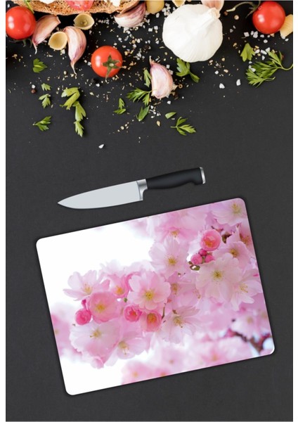 Pembe Çiçekler | Cam Kesme Tahtası | 25 x 35 cm