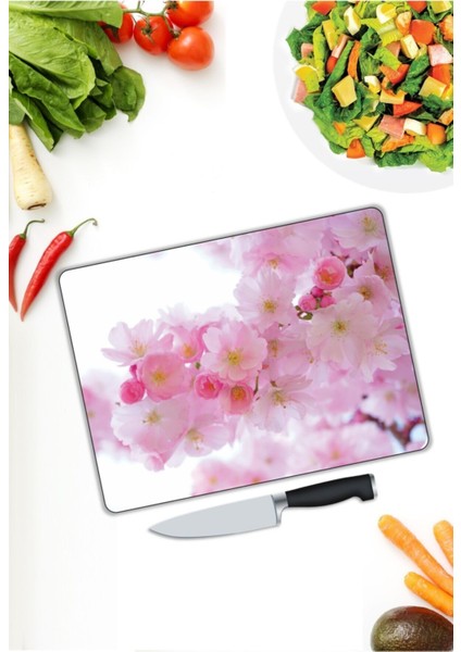 Pembe Çiçekler | Cam Kesme Tahtası | 25 x 35 cm modelleri