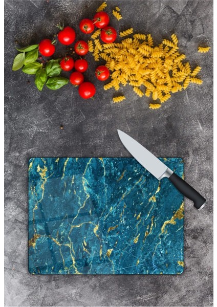 Mavi Mermer Görünümlü | Cam Kesme Tahtası | 25 x 35 cm