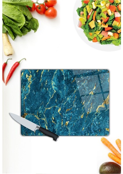 Mavi Mermer Görünümlü | Cam Kesme Tahtası | 25 x 35 cm modelleri