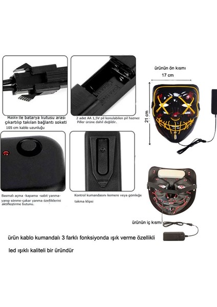 Kumandalı Sarı Renk Neon LED Işıklı Maske 1 Adet Hawai Retro Hallow fırsatları