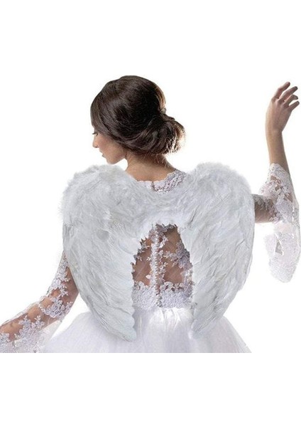 Beyaz Renkli Orta Boy Melek Kanadı Çocuk Yetişkin Uyumlu 58X42 cm