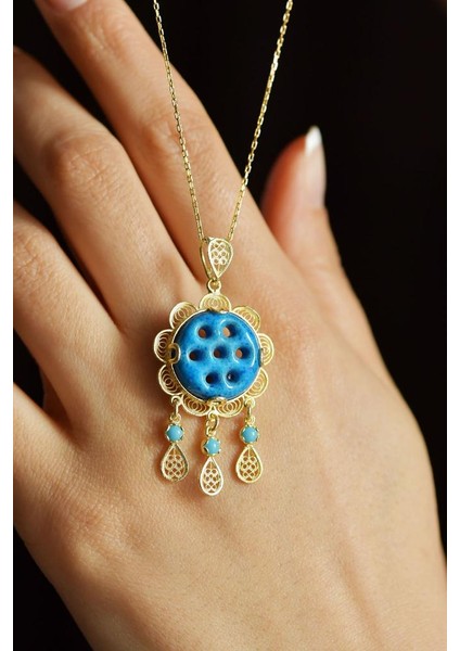 Firuze Taşlı Gold Yedi Göz Süryani Nazarlığı Telkari Gümüş Kolye