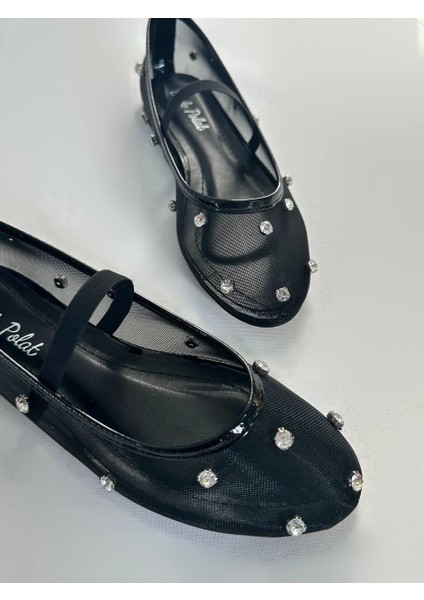 Dicle Polat Shoes Bianca Siyah File Taşlı Ve Lastik Kadın Babet