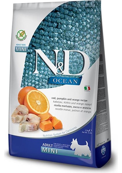 Nd Ocean Mini Adult 2,5kg Balkabaklı Morina Balıklı ve Portakallı Tahılsız Küçük Irk Yetişkin Köpek Maması