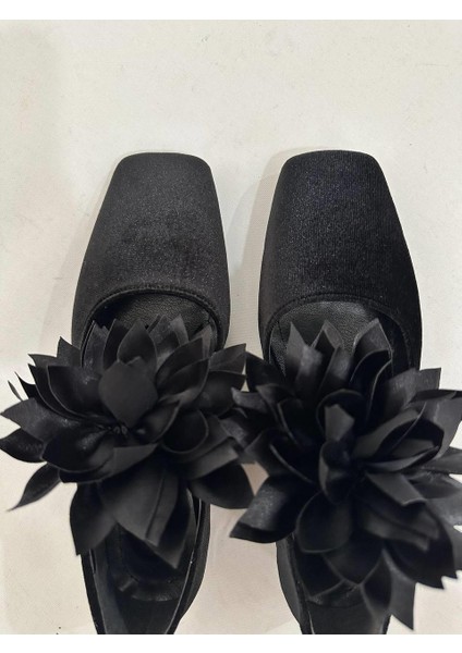 Dicle Polat Shoes Flower Siyah Kadife Küt Burun Çiçek Kadın Babet