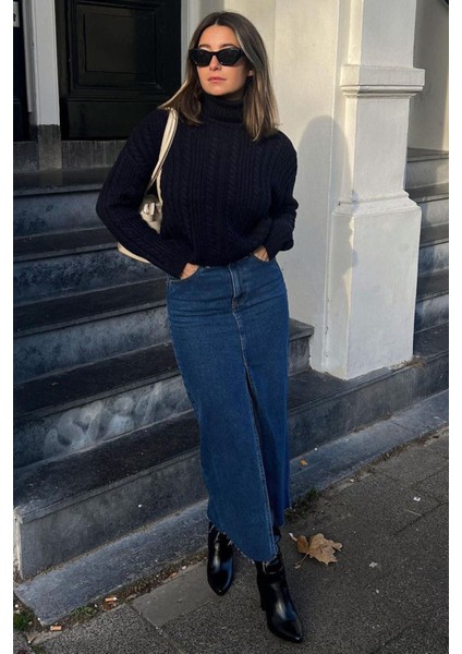 Koyu Mavi Kadın Uzun Kot Etek %90 Pamuk Yırtmaç Detaylı Şık Model