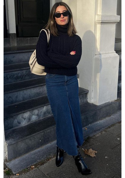 Koyu Mavi Kadın Uzun Kot Etek %90 Pamuk Yırtmaç Detaylı Şık Model fiyatları