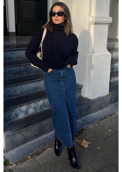 Koyu Mavi Kadın Uzun Kot Etek %90 Pamuk Yırtmaç Detaylı Şık Model modelleri