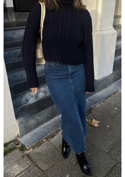 Koyu Mavi Kadın Uzun Kot Etek %90 Pamuk Yırtmaç Detaylı Şık Model fırsatları