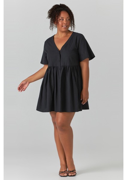 Siyah Düğmeli Mini Elbise MG1621