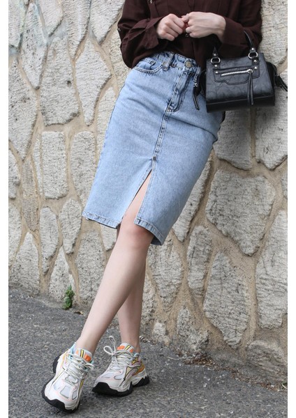 Buz Mavisi Midi Yırtmaçlı Kot Etek MG1689