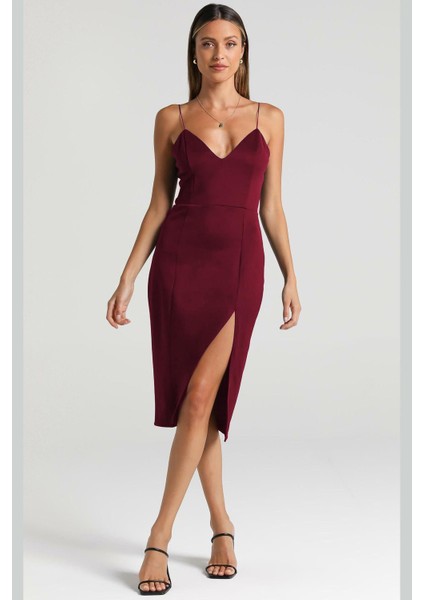 Bordo V Yaka Yırtmaçlı Saten Elbise MG1742