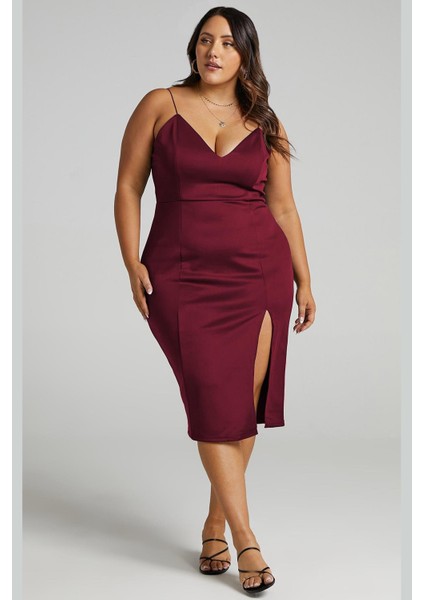 Bordo V Yaka Yırtmaçlı Saten Elbise MG1742 fiyatları