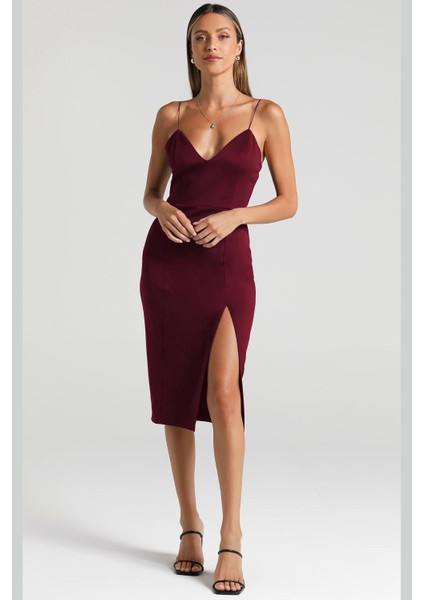 Bordo V Yaka Yırtmaçlı Saten Elbise MG1742 modelleri