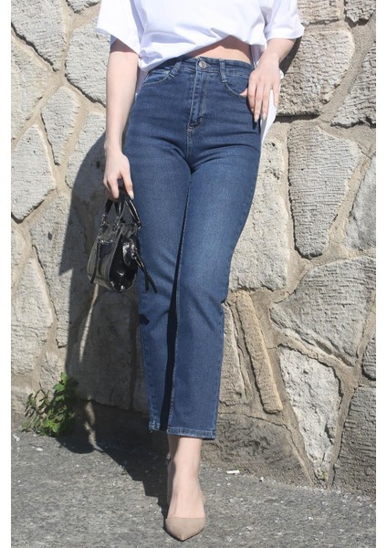 Koyu Mavi Slim Fit Kadın Mom Jean MG1738